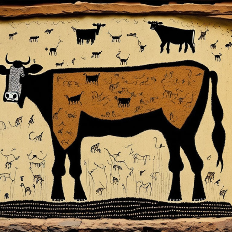 Stylized Bull with Animal Figures on Ochre Background
