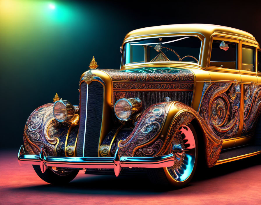 Vintage Car with Ornate Gold and Brown Bodywork in Dramatic Lighting