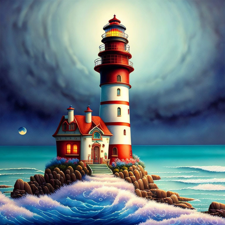 Illustration of red and white striped lighthouse on rocky outcrop by the sea with crashing waves and