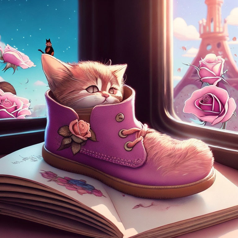 Illustration of kitten in purple shoe with book, roses, Eiffel Tower, pink sky