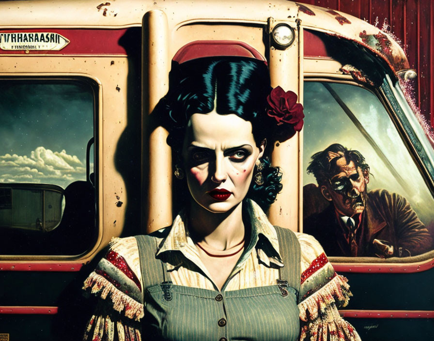 Illustration of woman with red flower, man, vintage bus