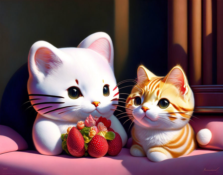 Two animated cats with strawberries in sunlight