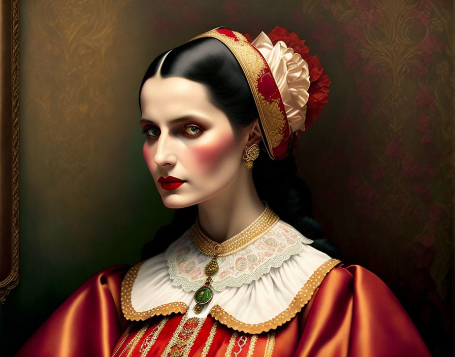 Historical portrait of woman with pale skin and dark hair in red dress and ornate headdress