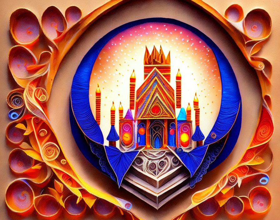 Colorful painting of a stylized castle with cosmic patterns