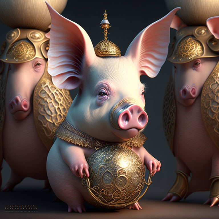 Three stylized pigs with ornate helmets and jewelry balancing a sphere in richly textured artwork.