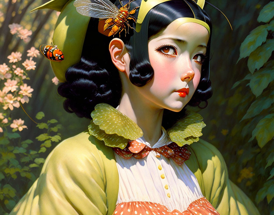 Girl with Black Hair in Yellow Outfit with Leaf Details, Ladybug, and Bee