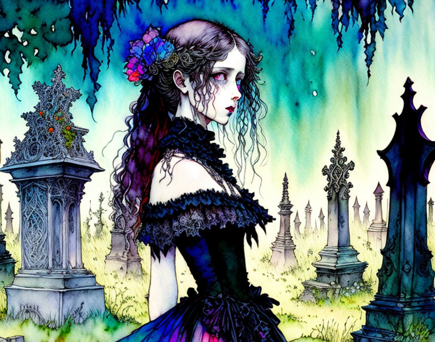 Illustration of gothic woman with black hair and dark dress in cemetery setting