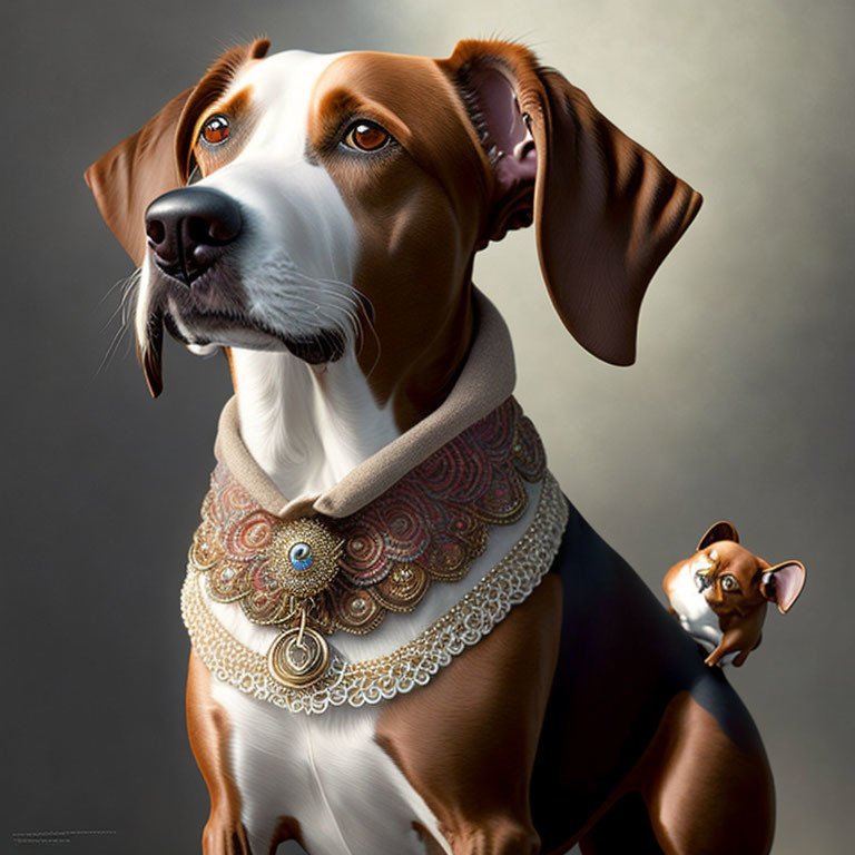 Regal brown and white dog with ornate collar and small mouse on back