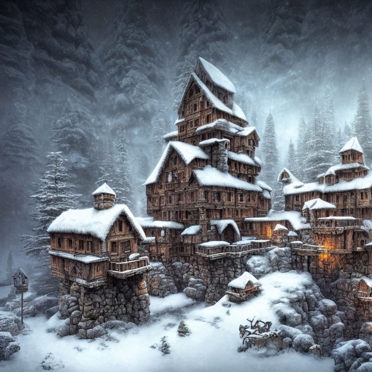 Winter scene: Snow-covered mountain lodges in heavy snowfall with glowing lights and wintry landscape.