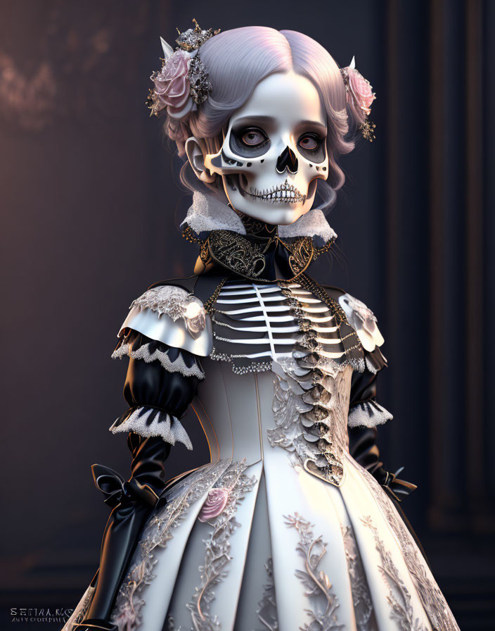 Skeleton-faced figure in vintage dress with roses and bone accents