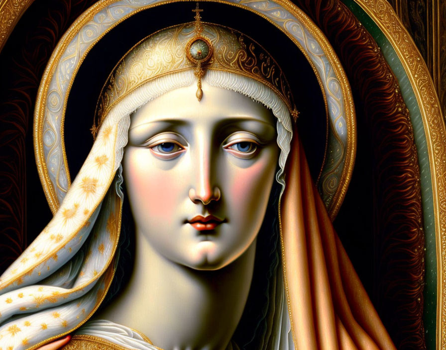 Serene female figure with halo in classical religious iconography style