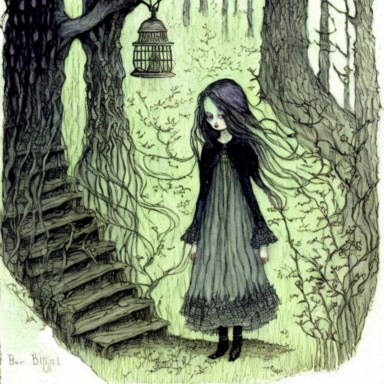 Gothic-style illustration of girl in forest with empty eyes, staircase weaving into tree, caged