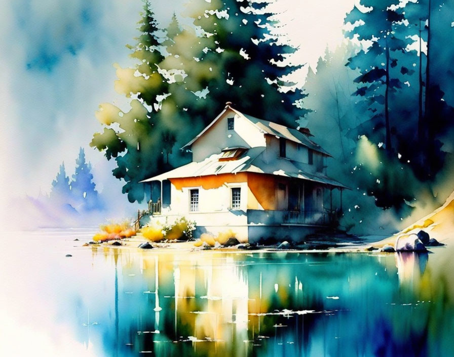 Serene Watercolor Painting of Cozy Lake House