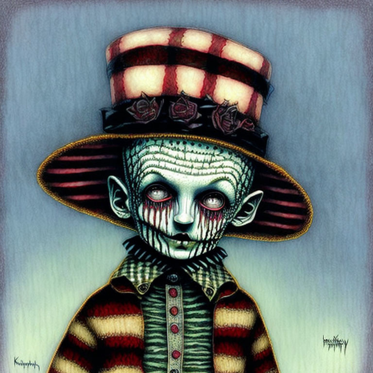 Whimsical character with green skin and striped top hat in illustration