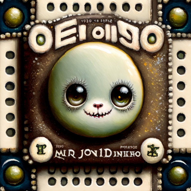 Square image of large-eyed creature with eerie smile, ornate frames, domino-like designs, and