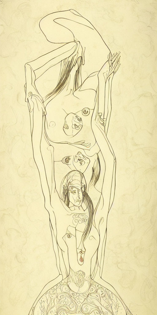Abstract sketch: Figure with elongated limbs & multiple facial features in Picasso-style