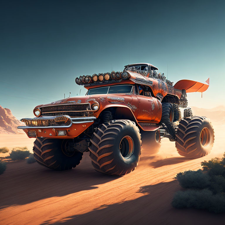 Vintage orange truck with oversized wheels and roof-mounted lights in desert setting