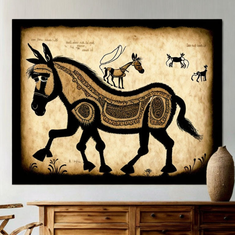 Stylized painting of a patterned donkey on aged parchment with ancient art vibes