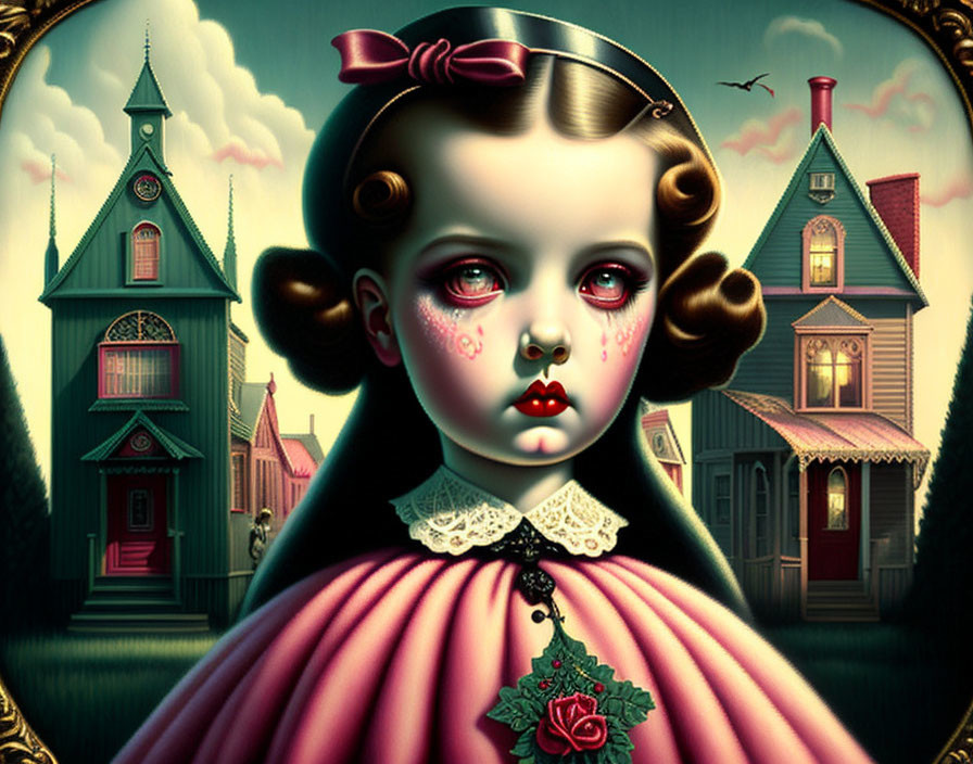 Surreal portrait of young girl with large eyes and rosy cheeks in pink dress.