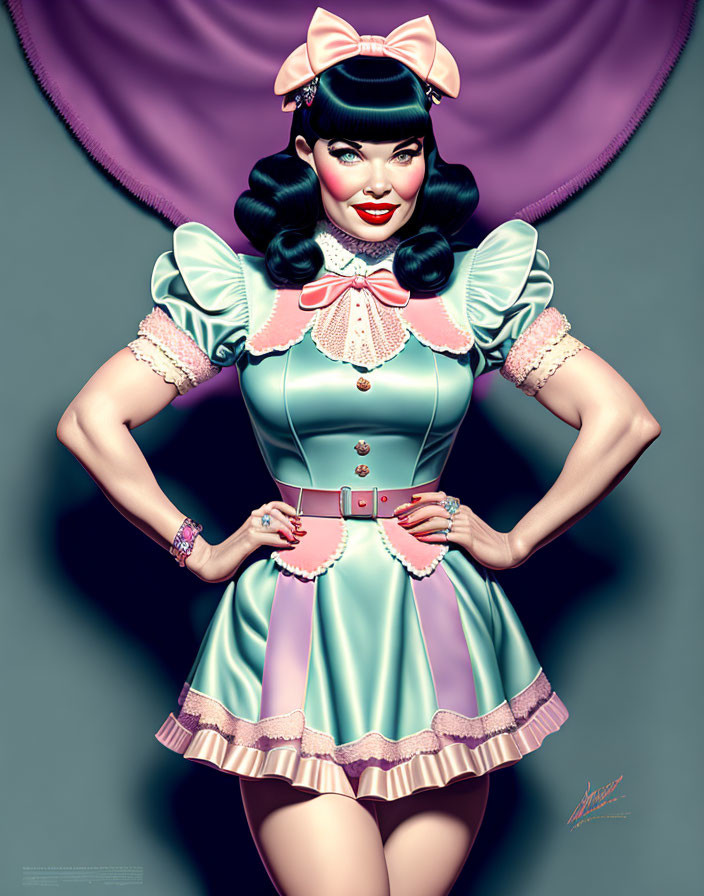 Stylized vintage-inspired woman in blue and pink dress with bow - retro pin-up aesthetic