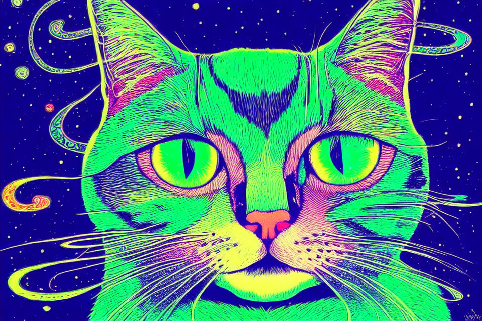 Colorful Psychedelic Cat Illustration with Neon Green Eyes on Blue Starry Background