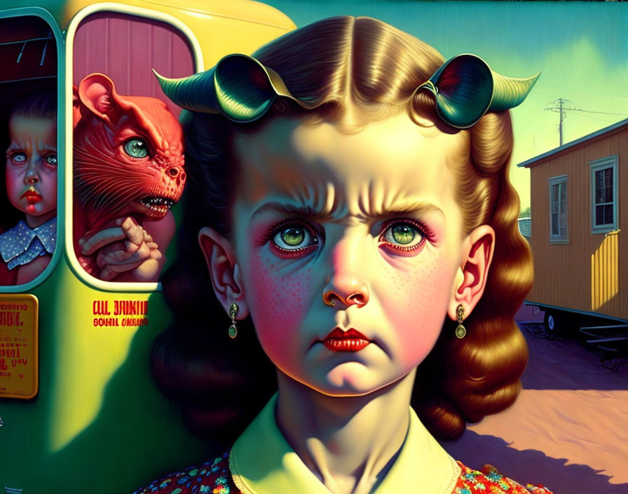 Surreal painting of young girl with green eyes and horns, startled expression, red demon whispering