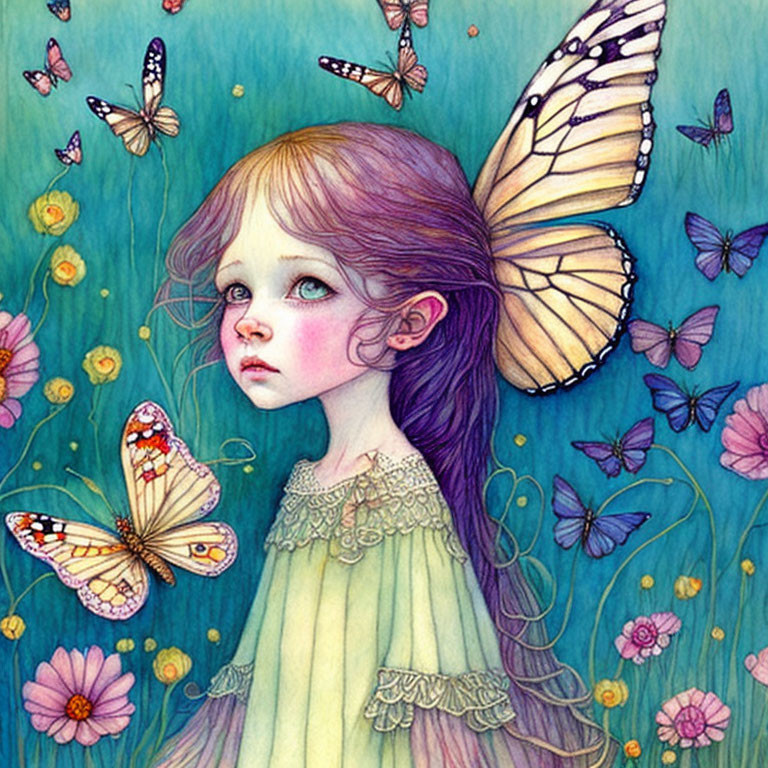Girl with Butterfly Wings Surrounded by Colorful Butterflies and Flowers
