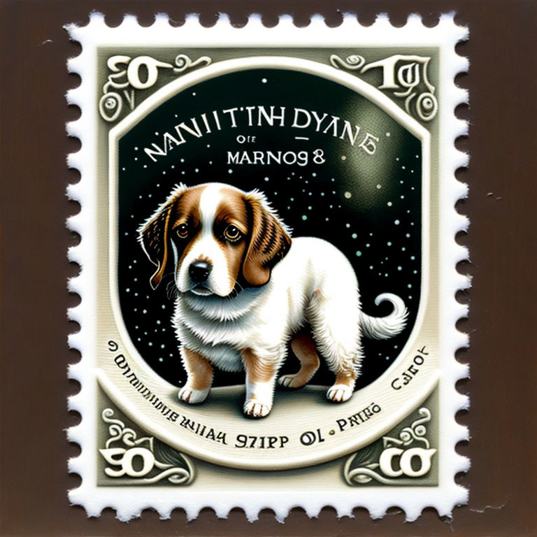 Illustration of Cute Dog on Postage Stamp with Starry Background