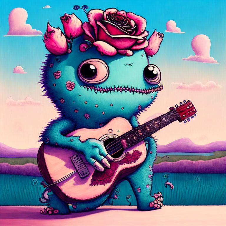 Blue reptilian creature with rose-topped head playing guitar under pink sky