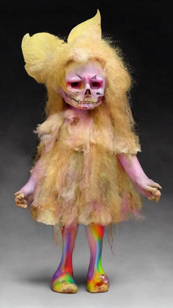 Skull-faced figure with yellow hair and rainbow legs in tattered dress