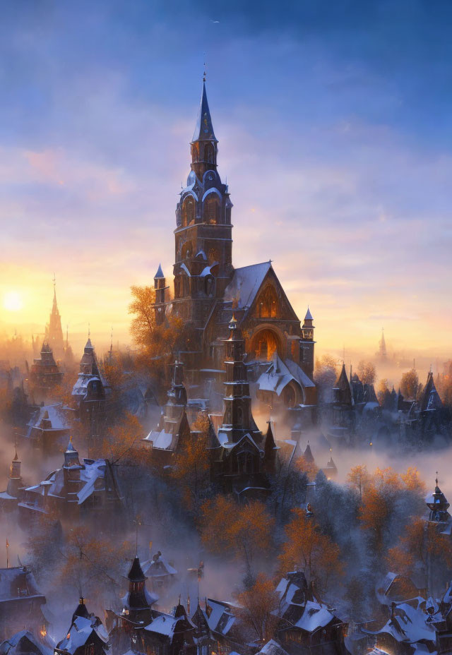 Gothic-style church overlooking snow-covered village at sunrise or sunset