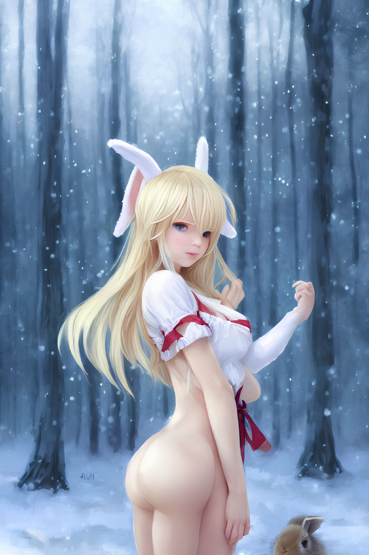 Blonde Anime Character with Rabbit Ears in Snowy Forest