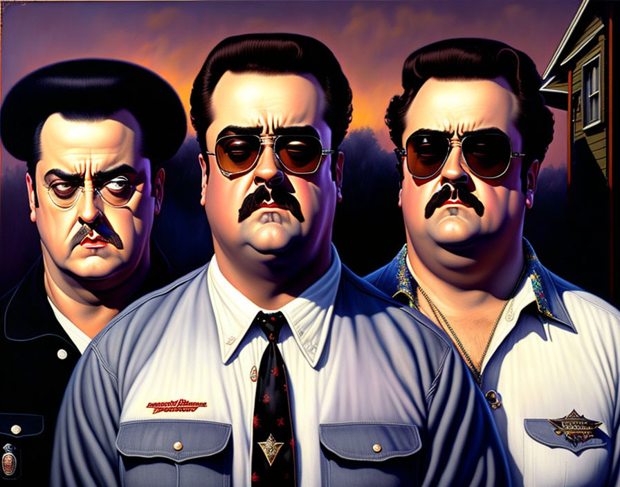 Three stylized cartoon-like male figures as law enforcement officers in sunset backdrop