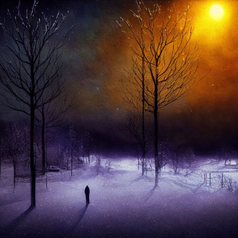 Figure in snowy twilight landscape with bare trees and glowing orange light
