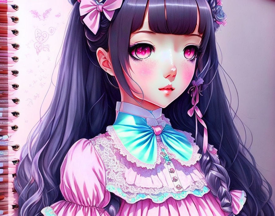 Girl with large eyes in Lolita dress on pink notebook background