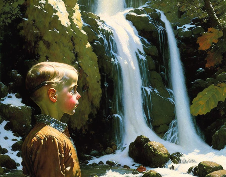Profile portrait of young boy admiring serene waterfall in lush autumn scenery