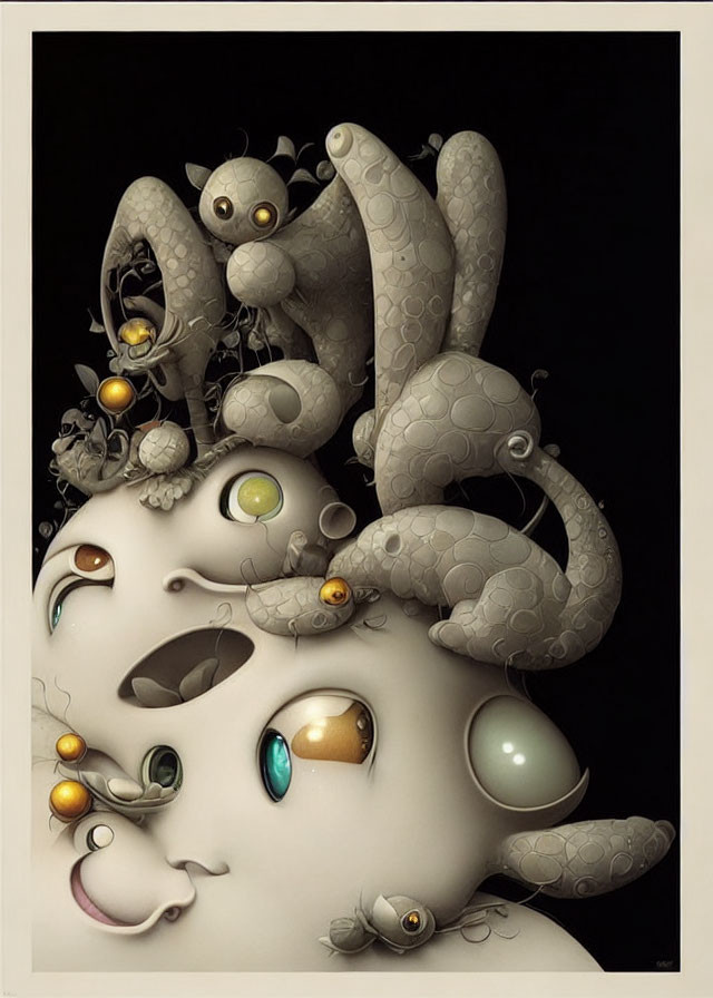 Whimsical fantasy art: creatures with glossy eyes, serpentine bodies, surrounded by spheres and