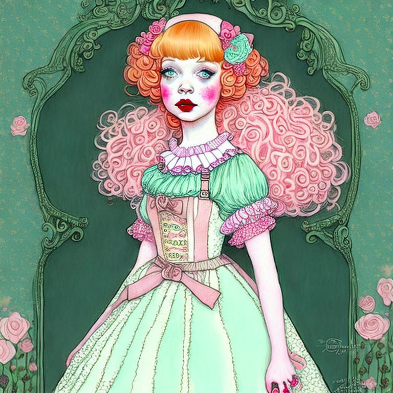 Stylized woman with pink curls, green dress, roses, ornate background