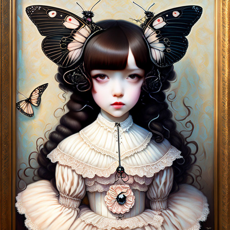 Victorian-style painting of girl with large butterfly wings and solemn expression