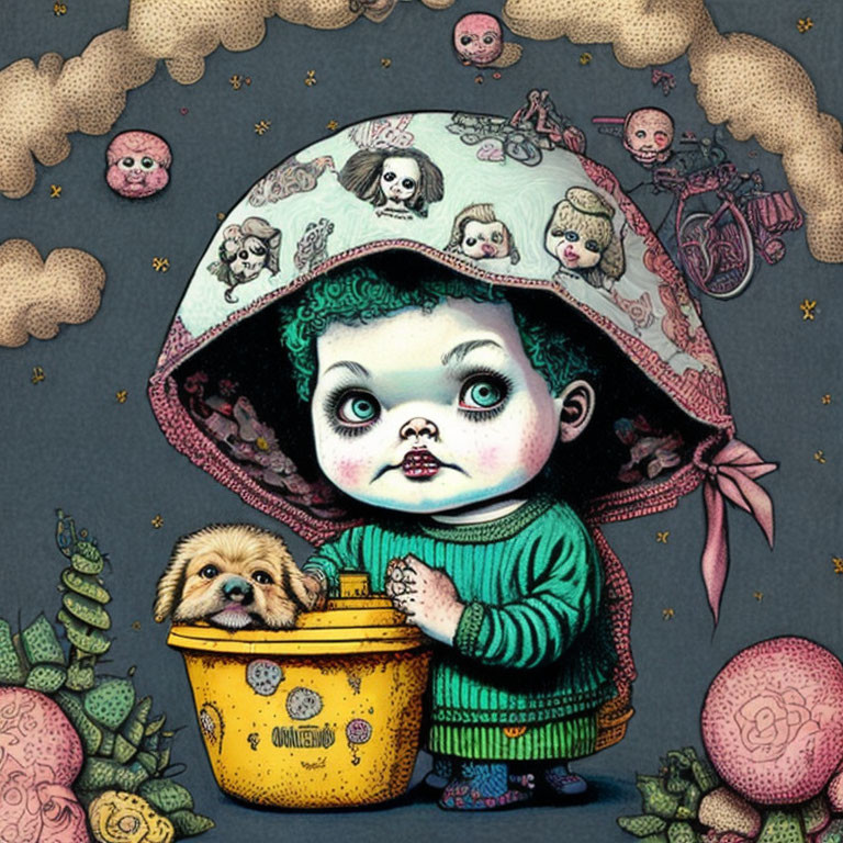 Wide-eyed child with puppy and toys in surreal illustration.