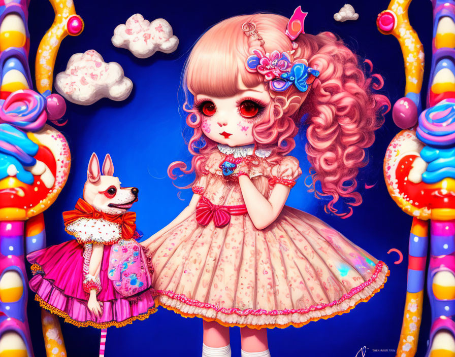 Stylized illustration of girl with big eyes and pink hair in frilly dress with dog in candy