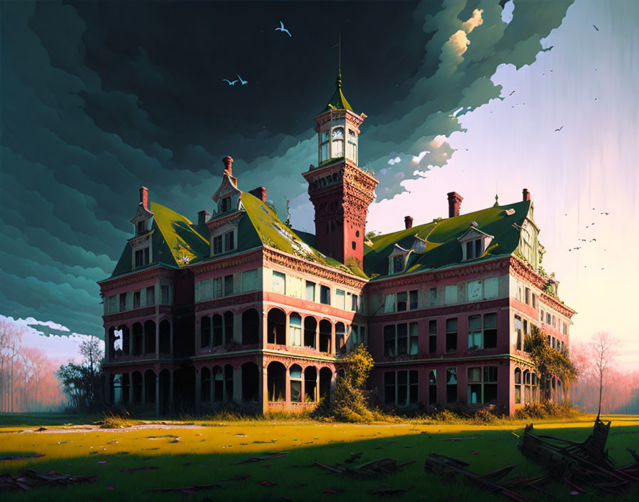 Desolate mansion with clock tower in overgrown setting