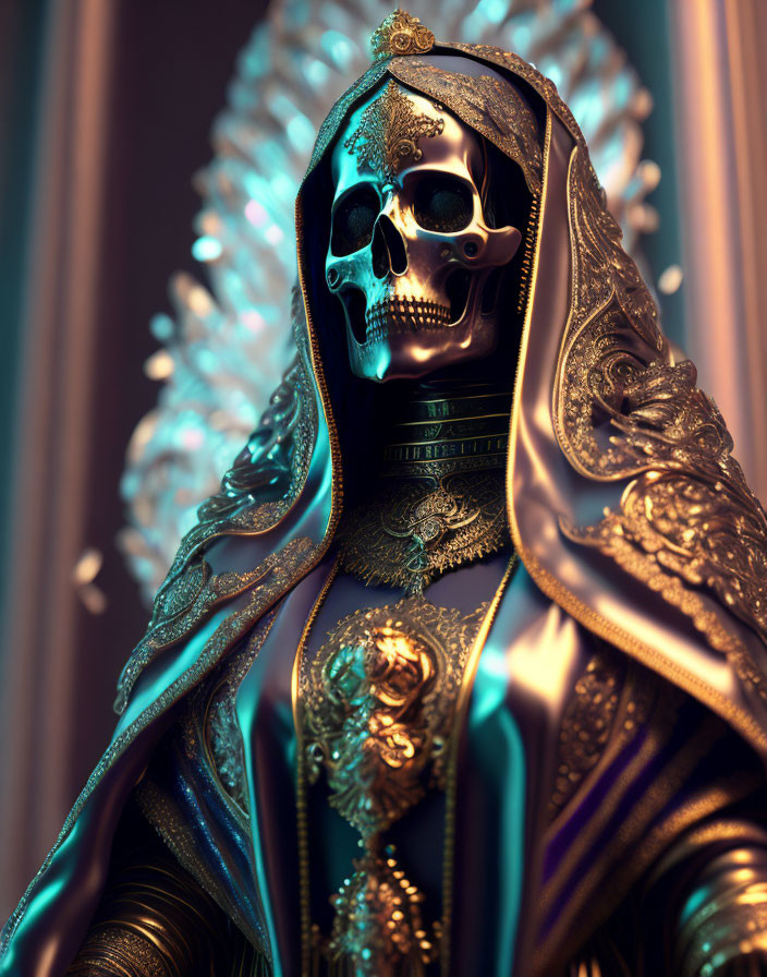 Detailed 3D Skeleton Figure in Gold-Trimmed Robes and Crown