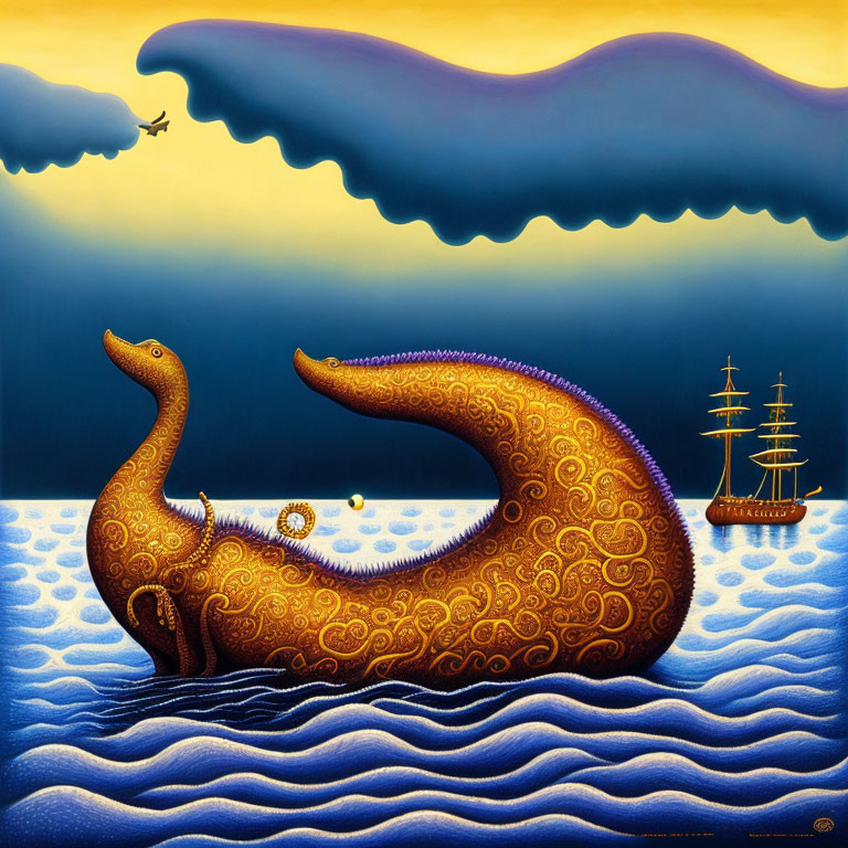 Stylized sea painting with golden sea monster, ships, and plane under dark sky