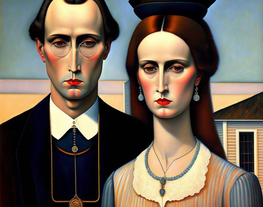 Solemn man and woman with flushed cheeks in front of house