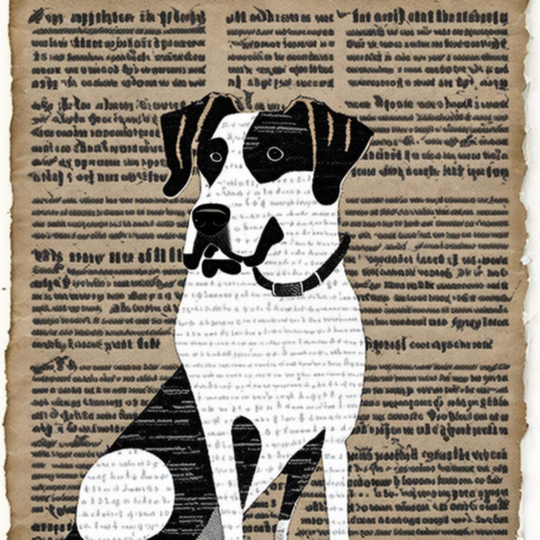 Black and white dog on vintage manuscript paper background
