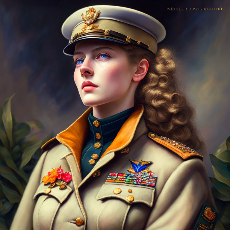 Digital portrait of woman in military uniform with medals, peaked cap, wavy hair, and focused gaze