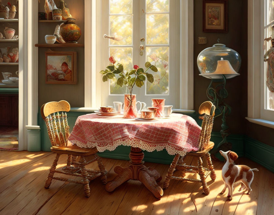 Inviting Dining Room with Sunlit Windows, Wooden Table, Pottery, Paintings, and Play