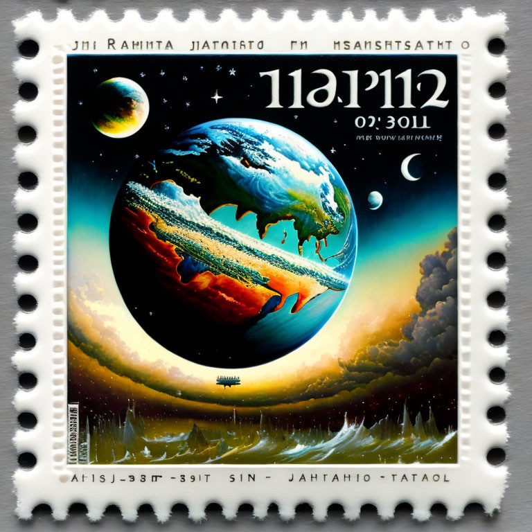 Colorful Earth from Space Stamp with Spaceship and Celestial Bodies