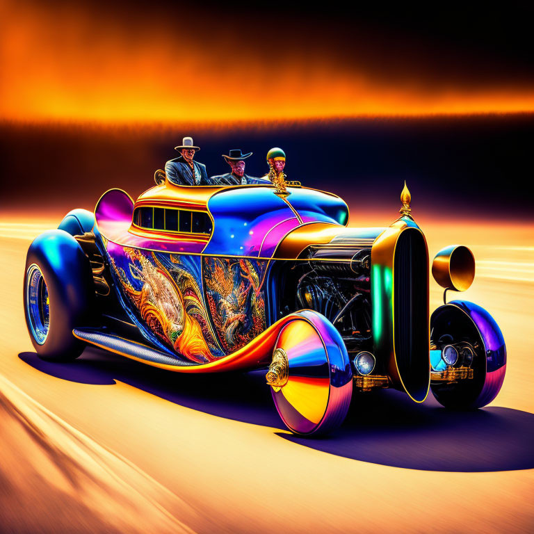 Stylized vintage car with two individuals in vibrant sunset scene